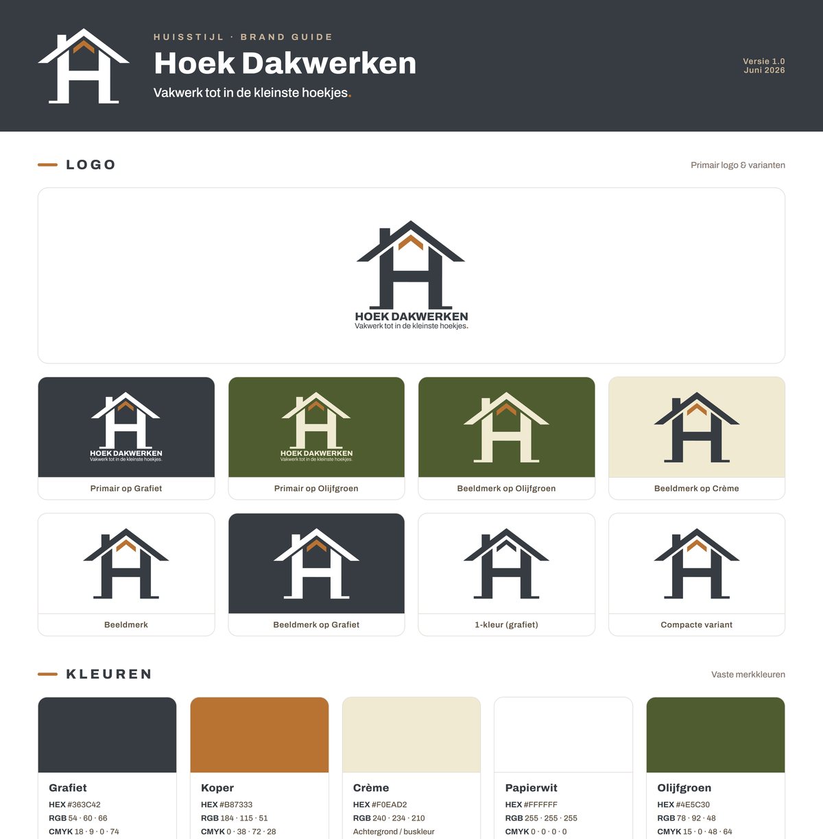 Huisstijlkaart Hoek Dakwerken — logo-varianten, kleuren en typografie